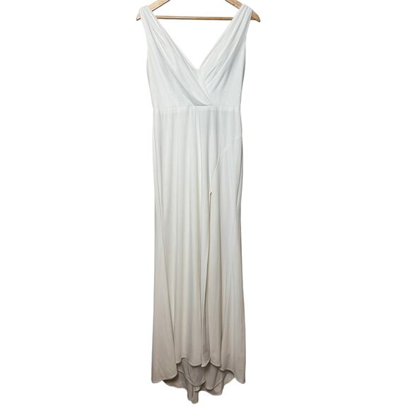 Mac Duggal Dress Bridal V Neck Jersey Train Slit White 12336CL Women's Size 8 - Picture 3 of 8